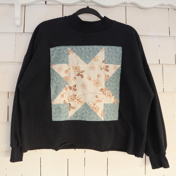 Handmade Sweaters - Upcycled Quilt Star Vintage Black Crew Neck Sweater S • M • L